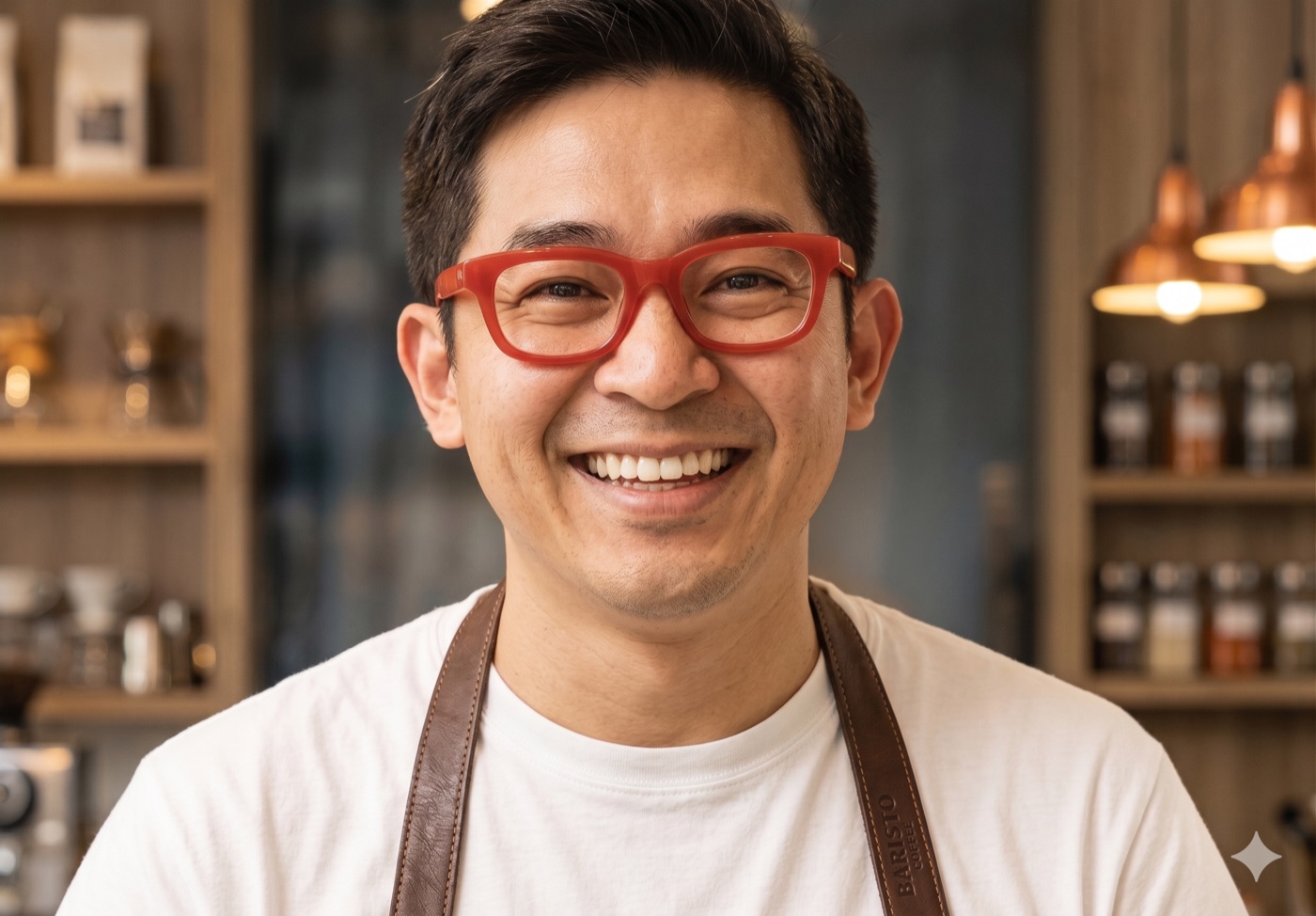 赤いメガネをかけて笑顔でこちらを見ている店長